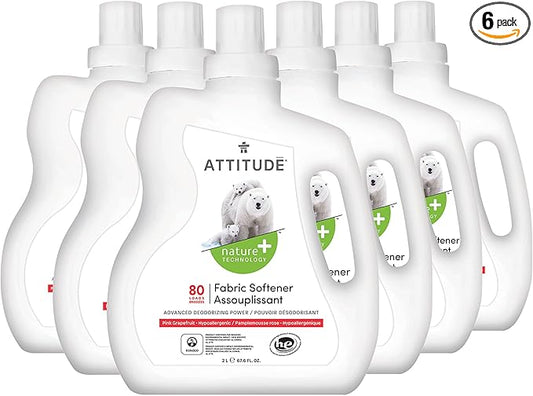 ATTITUDE Laundry Fabric Softener Liquid, Vegan and Naturally Derived Detergent, Plant Based, HE Washing Machine Compatible, Pink Grapefruit, 80 Loads, 67.6 Fl Oz (Pack of 6)