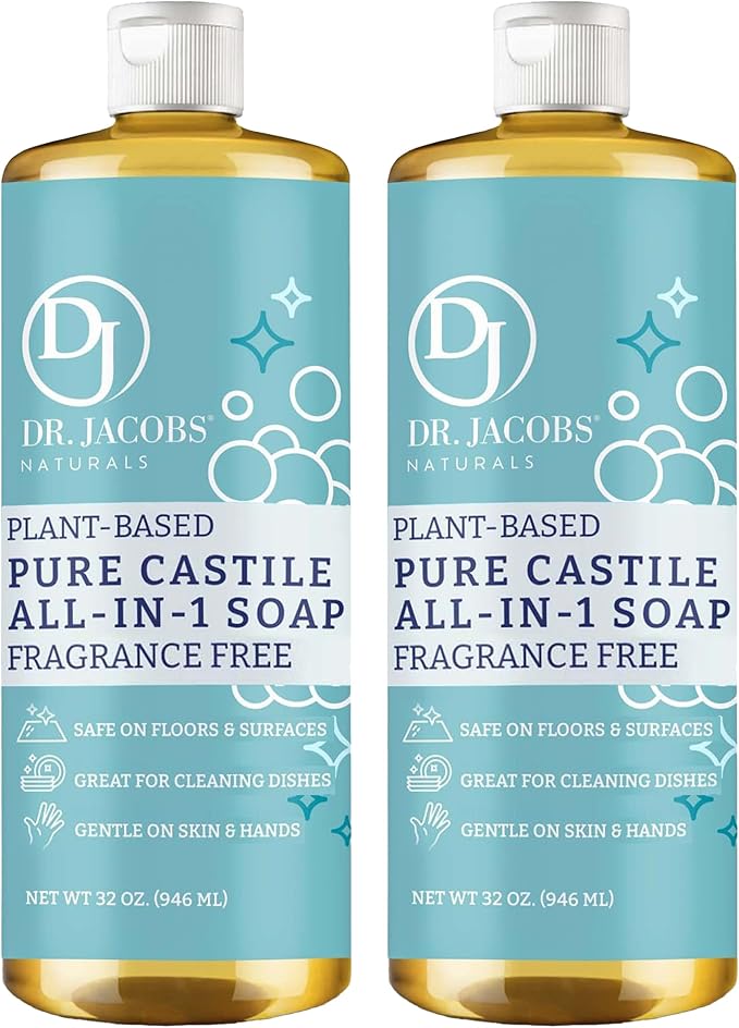 Dr. Jacobs Naturals Fragrance Free Castile All-In-One Cleaner and Soap, Effective Plant-Based Formula for House Cleaning. Eco-friendly for Home Essentials and the Planet (32 Fl Oz, 2 Pack)