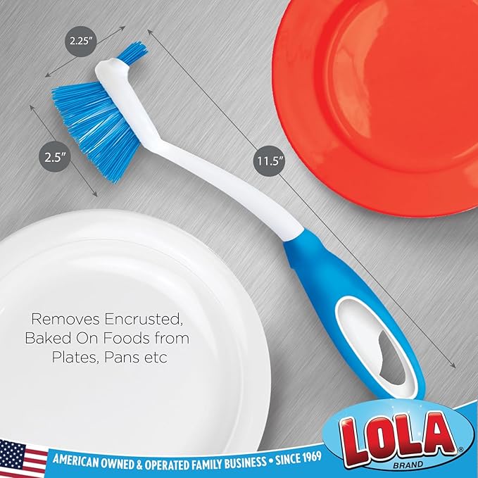 Dish Brush Scrubber for Kitchen, by LOLA, Has Stiff Bristles & Food Scraper, Comfort No-Slip Grip Handle, Safe for Non-Stick & Coated Cookware, 2 Pack