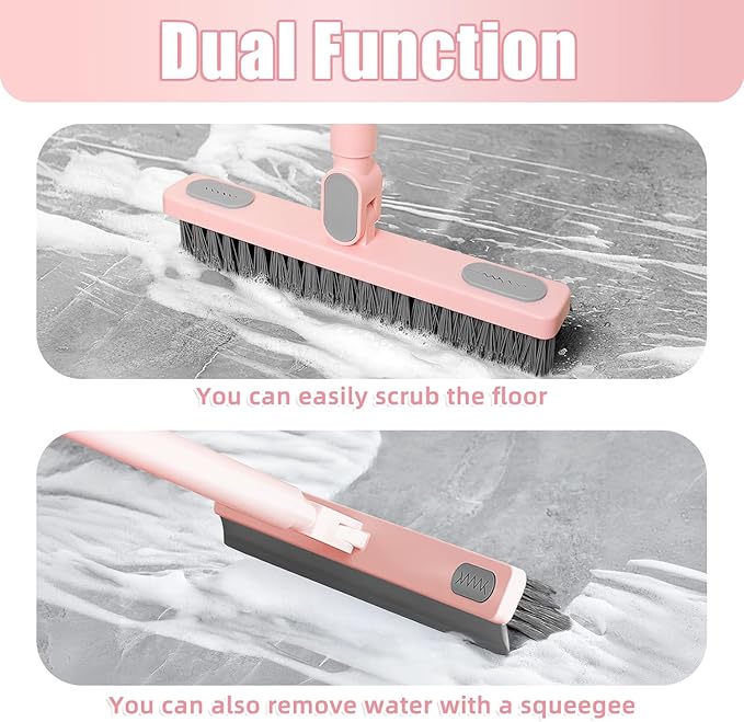 Floor Scrub Brush with Long Handle 58'’ Telescopic Handle 2 in 1 Scrape Brush, V-Shaped Corner Stiff Bristle Floor Scrubber with Squeegee for Cleaning Shower Bathroom Garage Kitchen Wall Tub Deck Tile
