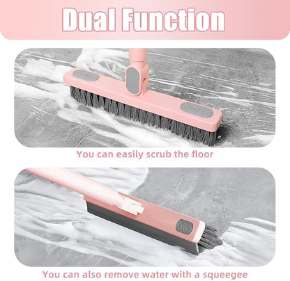 Floor Scrub Brush with Long Handle 58'’ Telescopic Handle 2 in 1 Scrape Brush, V-Shaped Corner Stiff Bristle Floor Scrubber with Squeegee for Cleaning Shower Bathroom Garage Kitchen Wall Tub Deck Tile