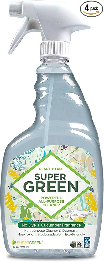 SuperGreen Powerful All-Purpose Cleaner and Degreaser | USDA Certified Bio-Based, Non-toxic, NO Ammonia or Phosphates, Cucumber Fragrance. 32 Fluid Ounces 4 Pack