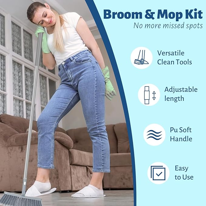 3-in-1 Detachable Broom and Mop Set Combo for House Cleaning, Collapsible Broom and Mop for RV Camping, Home, Dorm, Extension Pole, Window Squeegee, Grey