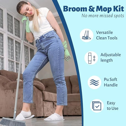 3-in-1 Detachable Broom and Mop Set Combo for House Cleaning, Collapsible Broom and Mop for RV Camping, Home, Dorm, Extension Pole, Window Squeegee, Grey