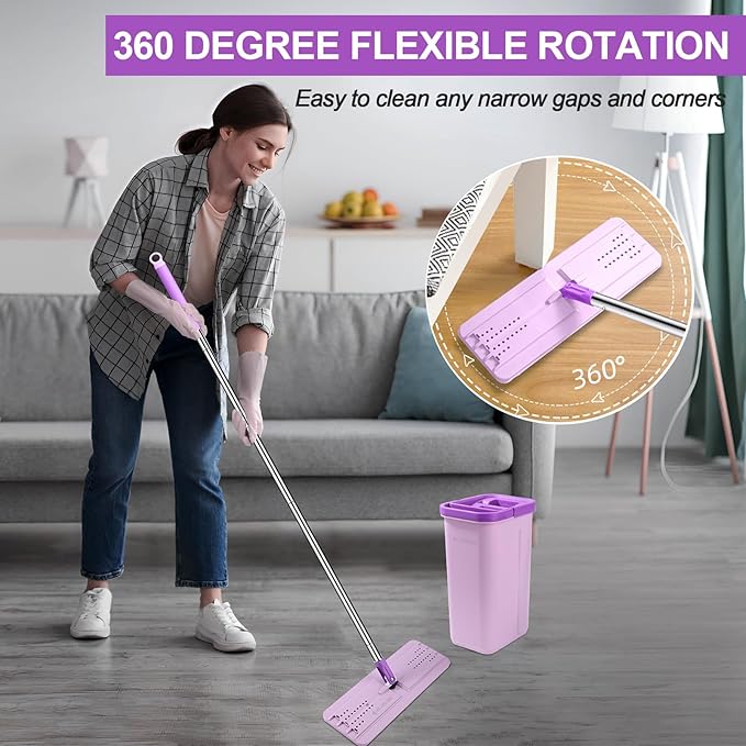 Mop and Bucket with Wringer Set, Hands Free Flat Floor Mop and Bucket, 3 Washable Microfiber Pads Included, Wet and Dry Use, Home Floor Cleaning System for All Floor Types and Windows, Purple