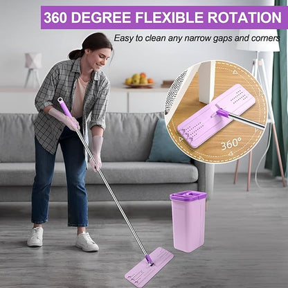 Mop and Bucket with Wringer Set, Hands Free Flat Floor Mop and Bucket, 3 Washable Microfiber Pads Included, Wet and Dry Use, Home Floor Cleaning System for All Floor Types and Windows, Purple
