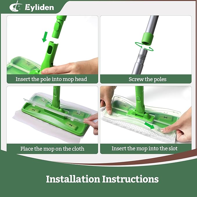 Eyliden Disposable Mop Starter Kit - 60 Refills Pack: 1 Sweeper, 12 Wet Cloths, 36 Pet Hair Mop Pads, 12 Dry Sweeping Cloths