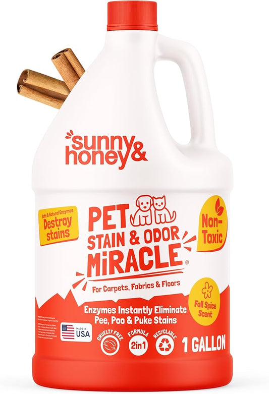 Sunny & Honey Pet Stain & Odor Miracle - Enzyme Cleaner for Dog Urine & Cat Pee - Pet Odor & Stain Remover for Carpet, Mattress, Furniture - Upholstery Cleaner & Deodorizer (1 Gallon, Fall Spice)
