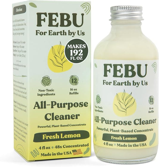 FEBU All Purpose Cleaner, Fresh Lemon, 4oz | Powerful Natural Cleaner Concentrate With Essential Oils | Makes 192 Fl Oz of Multipurpose Spray | Plant-Based, Human Safe Ingredients | Plastic Free