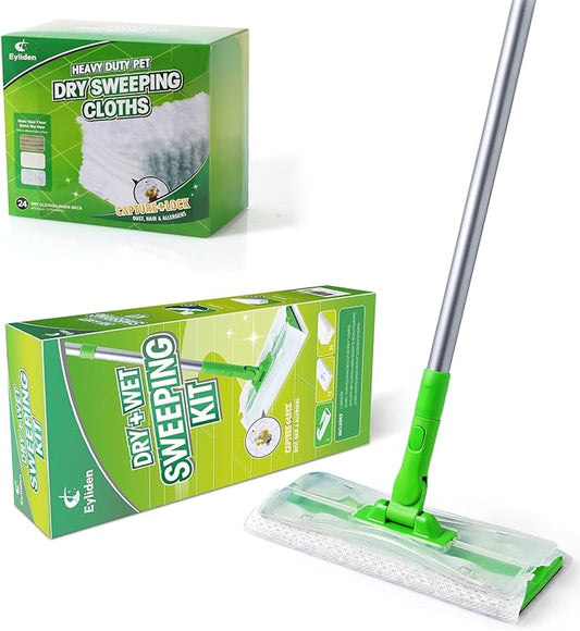 Eyliden Disposable Mop Starter Kit - 60 Refills Pack: 1 Sweeper, 12 Wet Cloths, 36 Pet Hair Mop Pads, 12 Dry Sweeping Cloths