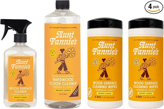 Aunt Fannie's Hardwood Bundle, Includes Hardwood Floor Cleaner, All-Purpose Wood Spray Cleaner, and All-Purpose Wood Cleaning & Dusting Wipes, Pack of 4
