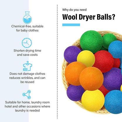 24 Pack Wool Dryer Balls, 3.15'', 2.4'' Reusable Laundry Balls Wool Balls Natural No Lint Fabric Softener Balls for Clothing Wrinkles(Rainbow)