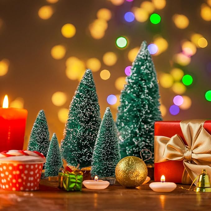Artificial mini Bottle Brush Christmas Trees for Christmas Decoration Table top Christmas Tree with Base Indoor Christmas Decorations （4/6/8/10/12 inch）