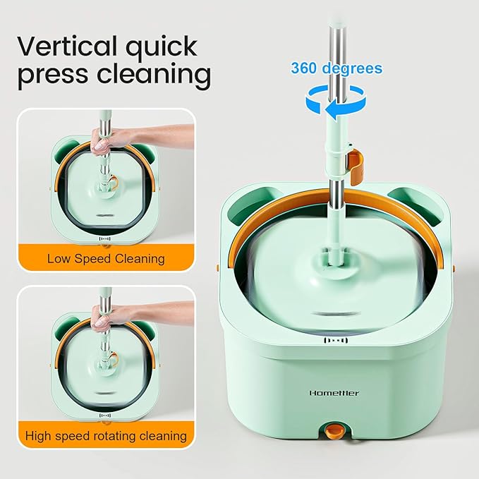 Spin Mop and Bucket with 6 Microfibra Replaceable Mop Pads, Self Separation Dirty and Clean Water System Self Wringing 360° Rotating Square Mop-Head (1 Bucket + 52'' Mop + 6 Microfibra Pads)