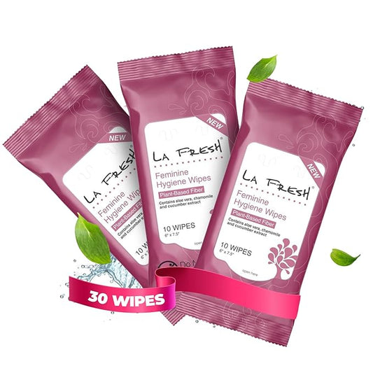 LA Fresh Feminine Wipes with Aloe Vera, Chamomile Extract, Cucumber, and Vitamin E, Pack of 3 10-count Pouches (30-count)