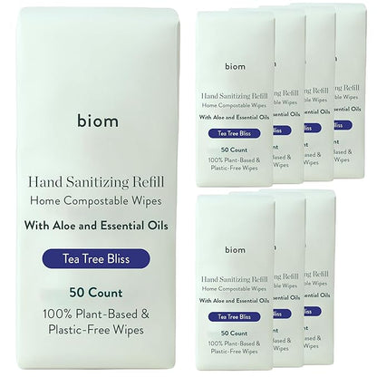 Biodegradable Hand Sanitizing Wipes 8-Pack Refill Kit - Kid-Safe Wipes | Plant-Based Hand Sanitizer for Home & Travel | Natural, Non-Toxic Wet Wipe with Aloe for Soft Skin | Tea Tree Scent