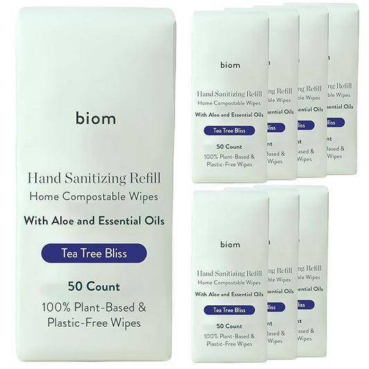 Biodegradable Hand Sanitizing Wipes 8-Pack Refill Kit - Kid-Safe Wipes | Plant-Based Hand Sanitizer for Home & Travel | Natural, Non-Toxic Wet Wipe with Aloe for Soft Skin | Tea Tree Scent
