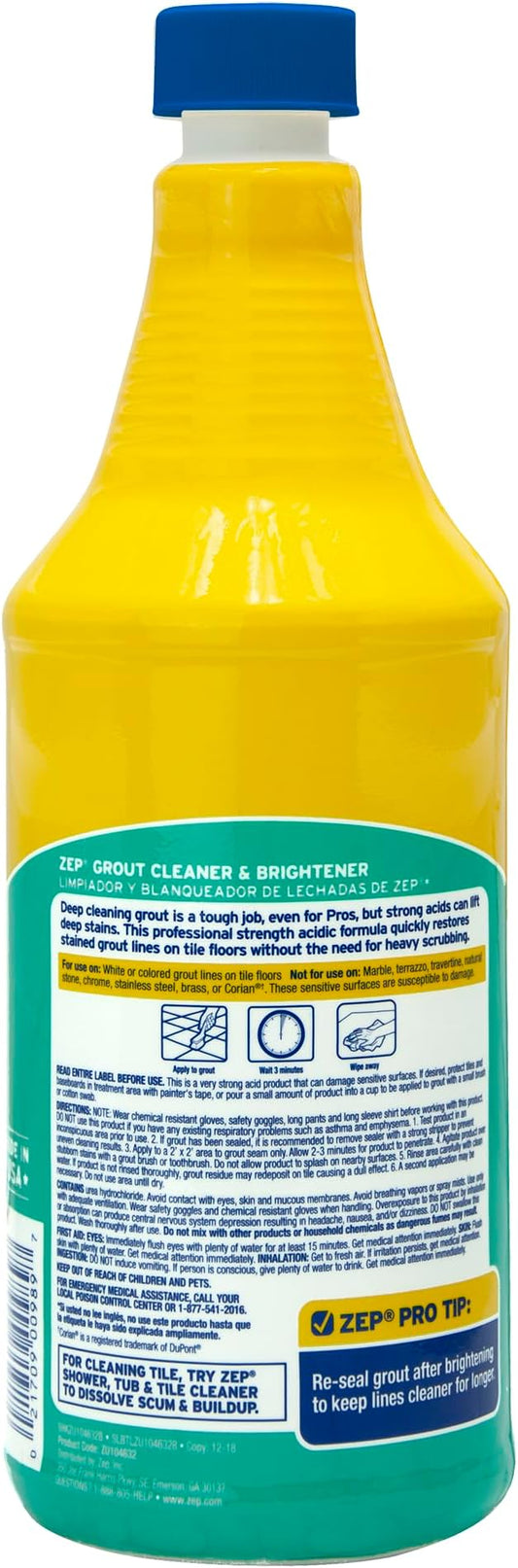 Zep Grout Cleaner and Brightener - 32 Ounce (1 Bottle) - ZU104632 - Deep Cleaning Formula Removes Old Stains From Grout