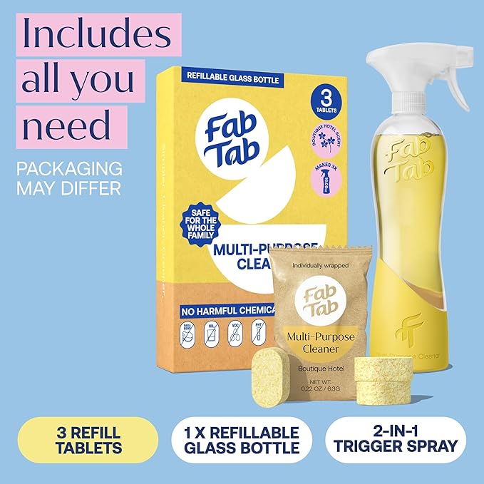 Multi Purpose Cleaner Cleaning Tablets, Eco-Concious Refillable Glass Bottle System with Boutique Hotel Scent, Safe For Family and Pets - Chemical-Free, Plastic-Free - 3 Count