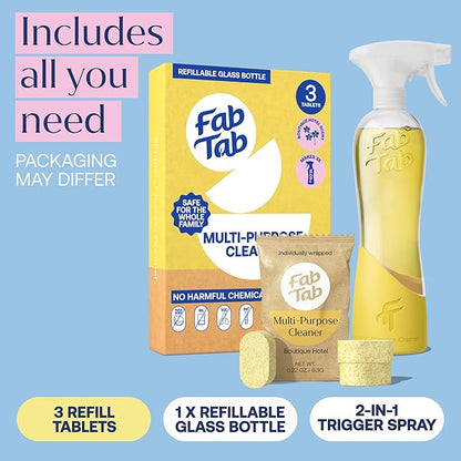 Multi Purpose Cleaner Cleaning Tablets, Eco-Concious Refillable Glass Bottle System with Boutique Hotel Scent, Safe For Family and Pets - Chemical-Free, Plastic-Free - 3 Count