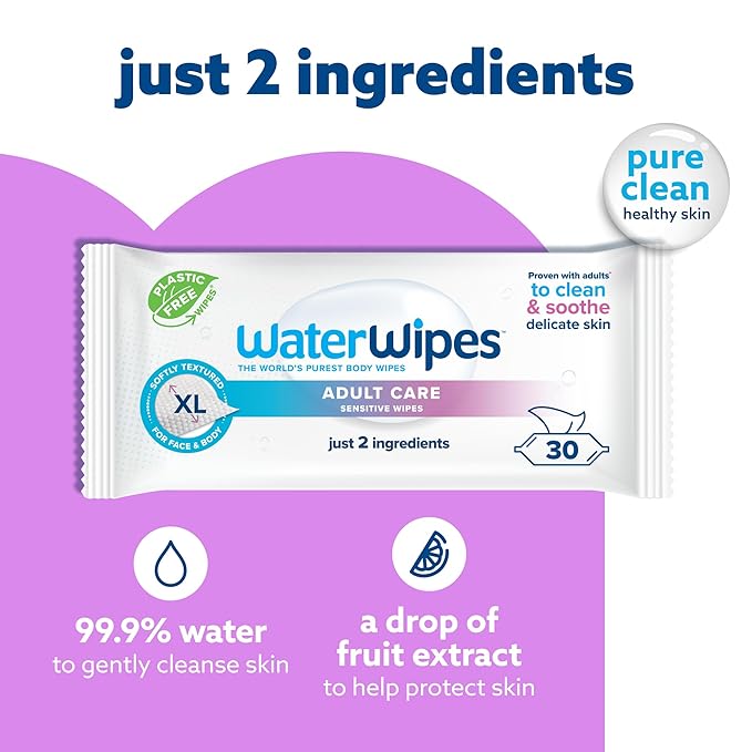 WaterWipes Adult Care Sensitive Body & Intimate Hygiene Wipes, 30 Wipes (1 Pack), Extra Large Textured, 99.9% Water-Based, For Everyday Personal Uses