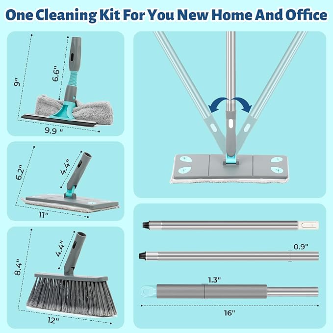 3-in-1 Detachable Broom and Mop Set Combo for House Cleaning, Collapsible Broom and Mop for RV Camping, Home, Dorm, Extension Pole, Window Squeegee, Grey