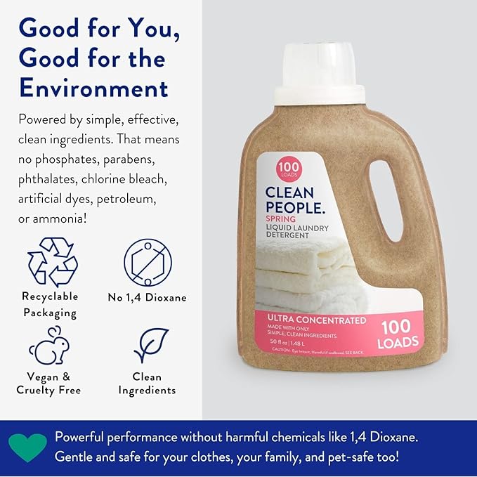 The Clean People Liquid Laundry Detergent - Recyclable Packaging, Stain Fighting - Ultra Concentrated, Laundry Soap - Spring Scent, 50 fl oz (2 Pack)