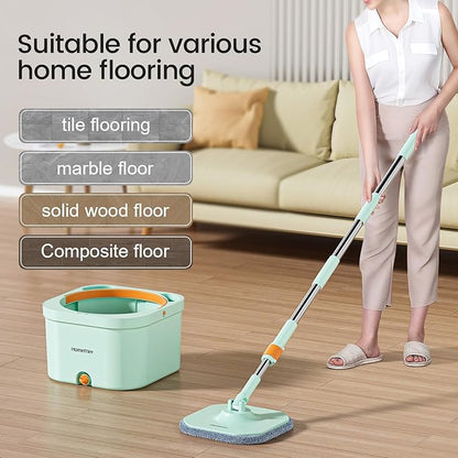 Spin Mop and Bucket with 2 Microfibra Replaceable Mop Pads, Self Separation Dirty and Clean Water System Self Wringing 360° Rotating Square Mop-Head (1 Bucket + 52'' Mop + 2 Microfibra Pads)