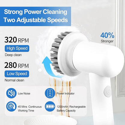 Rechargeable Handheld Scrubbers for Cleaning,Cordless,Power Indicators Electric Spin Scrubber,2 Adjustable Speeds,with 3 Replaceable Cleaning Brush Heads-Suitable for Tub,Kitchen Stove-White