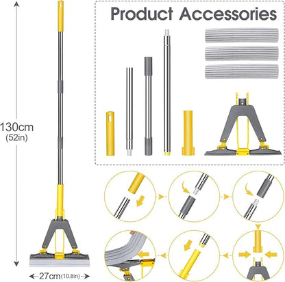 Masthome Sponge Mop,Roller Sponge Mop with 3 Absorbent PVA Mop Refills,Self Squeeze Sponge Mops and Stainless Steel Handle,PVA Sponge Mops for Floor Cleaning