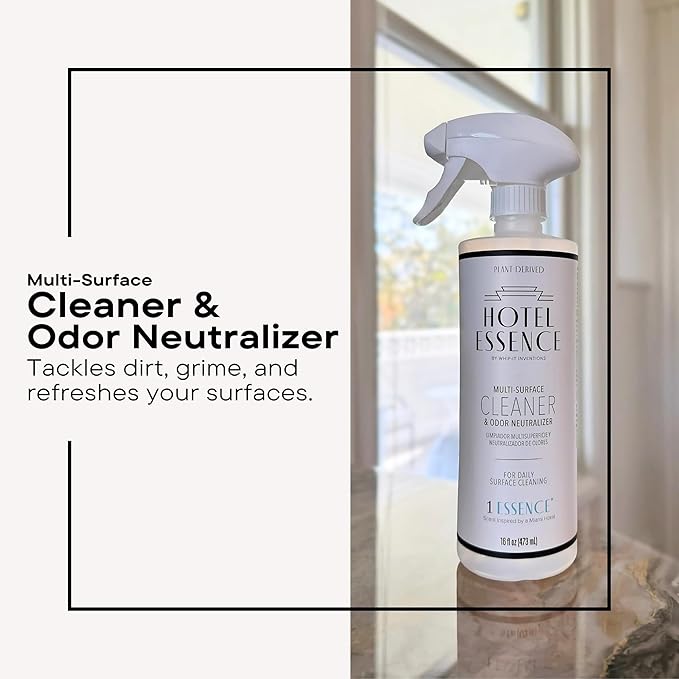 Hotel Essence Cleaner: Plant-Based Multi-Surface Cleaner & Odor Neutralizer, 16 oz, Leather, Cardamom, Lemon, Sandalwood, Cedarwood, Cinnamon, Vetiver, Amber, Musk, Iris, 16 Fl Oz (1)