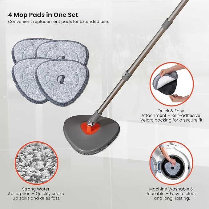 Dual Chamber Spin Mop and Bucket System, Mop Bucket Separate Dirty Water, Mop and Bucket Set with Self-Wringing 360° Rotating Mop Head, Includes 4 Washable Microfiber Mop Pads. (Orange)