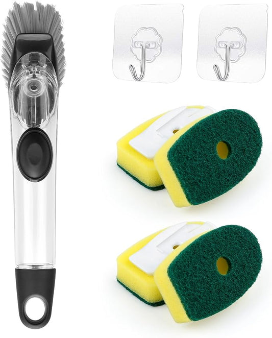 Soap Dispensing Dish Brush Set, Soap Dispensing Dish Brush with 4 Brush Replacement Heads, 2 Adhesive Hooks, Dish Wand Scrub Brush for Dishes Pot Pan Kitchen Sink Scrubbing