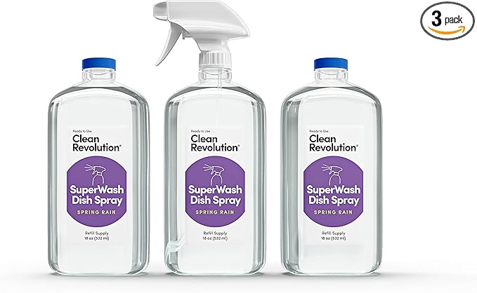 Clean Revolution SuperWash Dish Soap Starter Kit, Includes Three 18-Ounce Bottles + One Trigger Sprayer, Compatible with Dawn Powerwash Sprayers, Spring Rain Fragrance, Clear, 54 Fl Oz Total