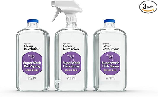 Clean Revolution SuperWash Dish Soap Starter Kit, Includes Three 18-Ounce Bottles + One Trigger Sprayer, Compatible with Dawn Powerwash Sprayers, Spring Rain Fragrance, Clear, 54 Fl Oz Total