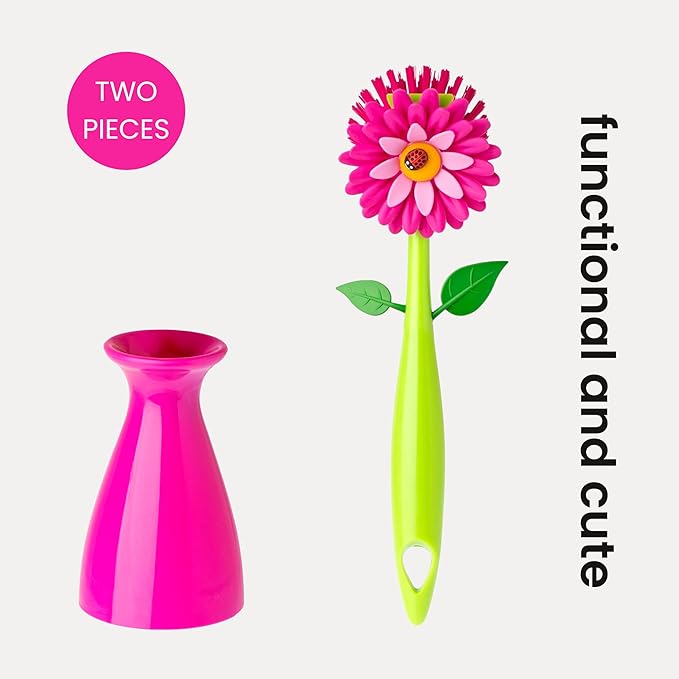 Vigar Flower Power Pink Dish Brush with Vase, 10-Inches, Pink, Green