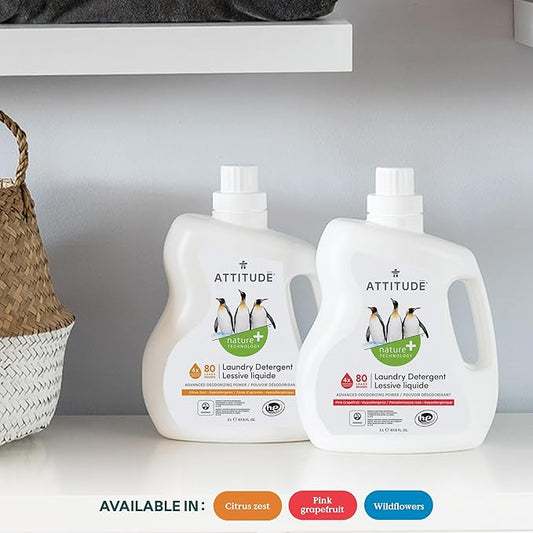 ATTITUDE Liquid Laundry Detergent, EWG Verified Laundry Soap, HE Compatible, Vegan and Plant Based Products, Cruelty-Free, Pink Grapefruit, 80 Loads, 67.6 Fl Oz