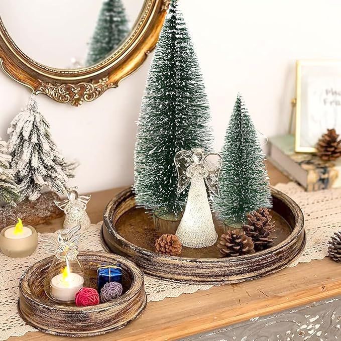 5PCS Small Christmas Trees, Bottle Brush Christmas Trees Mini Sisal Snow Frost Trees Pine Trees with Wood Base Tabletop Mini Christmas Village Tree for Holiday Decorations