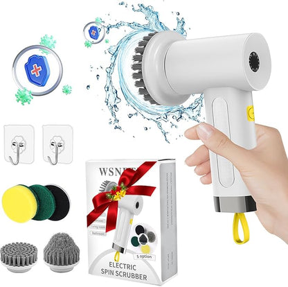 Electric Spin Scrubber with 5 Brush Heads,Cordless Power Scrubber for Arthritis and Seniors Cleaning Kitchen Bathroom Floor Stove with 2 Adjustable Speeds Type-C Charger&Long Last Battery (White-1)