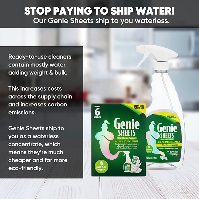 Genie Sheets All Purpose Cleaner | 1 Bottle with Sprayer + Concentrate Makes 6 24oz Refills | Professional-Strength | Just Add Water | Sustainable Eco-Friendly Plant-Based