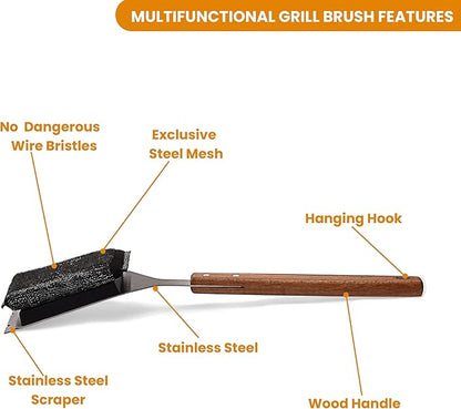Grill Scrubber and Scraper for Barbecue with Replaceable Scrubber Head – Grill Cleaner for Outdoor Grill with Extended 16” Large Wooden Handle -No Scratch on Grill by Dhampooh