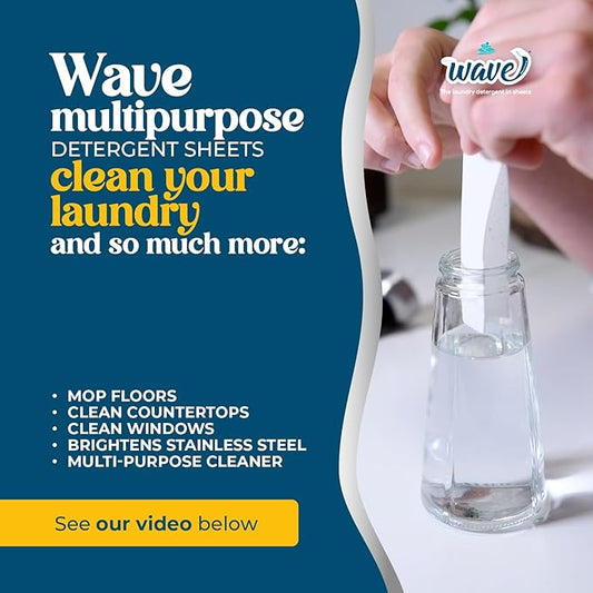 Wave Laundry Detergent Sheets - Unscented (64 Loads) - Dissolves Faster & Higher Cleaning Power Over Competitors - Multi-Purpose Laundry Cleaner - 100% Plastic Free