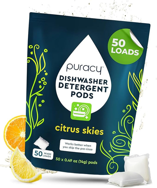 Puracy Dishwasher Pods, Natural Dishwasher Detergent, Citrus Skies Dish tabs - Enzyme-Powered, Spot & Residue Free - TikTok Trend Items, Must Haves from TikTok Made Me Buy It (Citrus Skies, 50 Count)