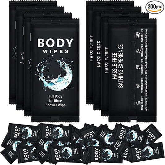 Treela 300 Pcs Bulk Large Body Wipes Individually Wrapped Big Bath Wipes for Adults Bathing No Rinse Shower Bulk Deodorant for Homeless Hygiene Personal Cleansing for Travel Gym(7.09" X 9.84",Black)