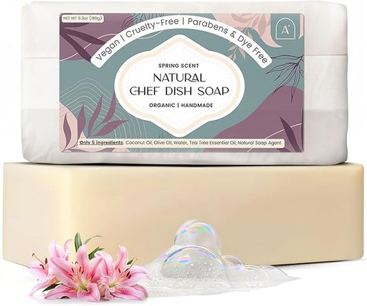 All Natural Dish Soap Bars - Bar Soap for Dishes, Biodegradeable Dish Soap Block, Kitchen Soap, All Natural Non Toxic, Low Waste Kitchen Dishwashing Bar Soap-Spring Scent (1 Pack, 6.3oz)