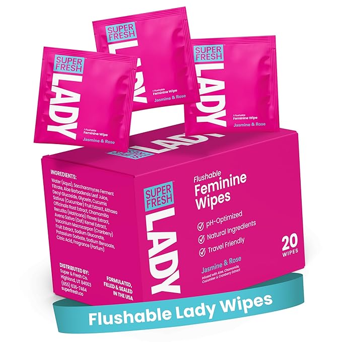 Super Fresh Lady Parts Feminine Wipes Flushable pH Balanced Wet Wipes for Women Safe for Privates Body Booty and Face Perfect for Travel Daily Intimate Hygiene Stay Fresh Anywhere Pack of 20 Wipes