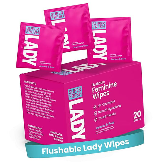 Super Fresh Lady Parts Feminine Wipes Flushable pH Balanced Wet Wipes for Women Safe for Privates Body Booty and Face Perfect for Travel Daily Intimate Hygiene Stay Fresh Anywhere Pack of 20 Wipes