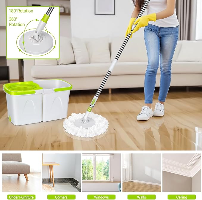 MASTERTOP Spin Mop Cleaning System,Mop and Bucket with Wringer Set for Floor Cleaning,Separate Clean and Dirty Water,Small Spinning Mop with 3 Washable Microfiber Mop Pads