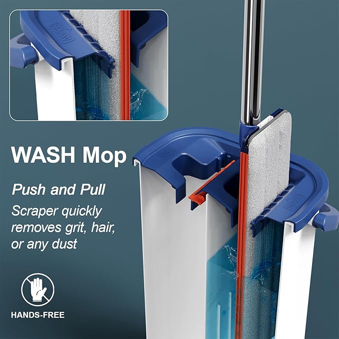 Large Mop and Bucket with Wringer Set for Home, Hands Free Flat Floor Mop and Bucket System with 4 Washable Microfiber Pads, Wet and Dry Use, Mops for Floor Cleaning, Two Bucket Mop System