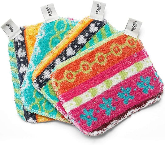 Skoy Scrub, 4-Pack Reusable, Non-Scratching Dish Scrubber for Kitchen and Household Cleaning, Planet-Friendly, Dishwasher Safe Soft Scrub, Assorted Colors and Designs